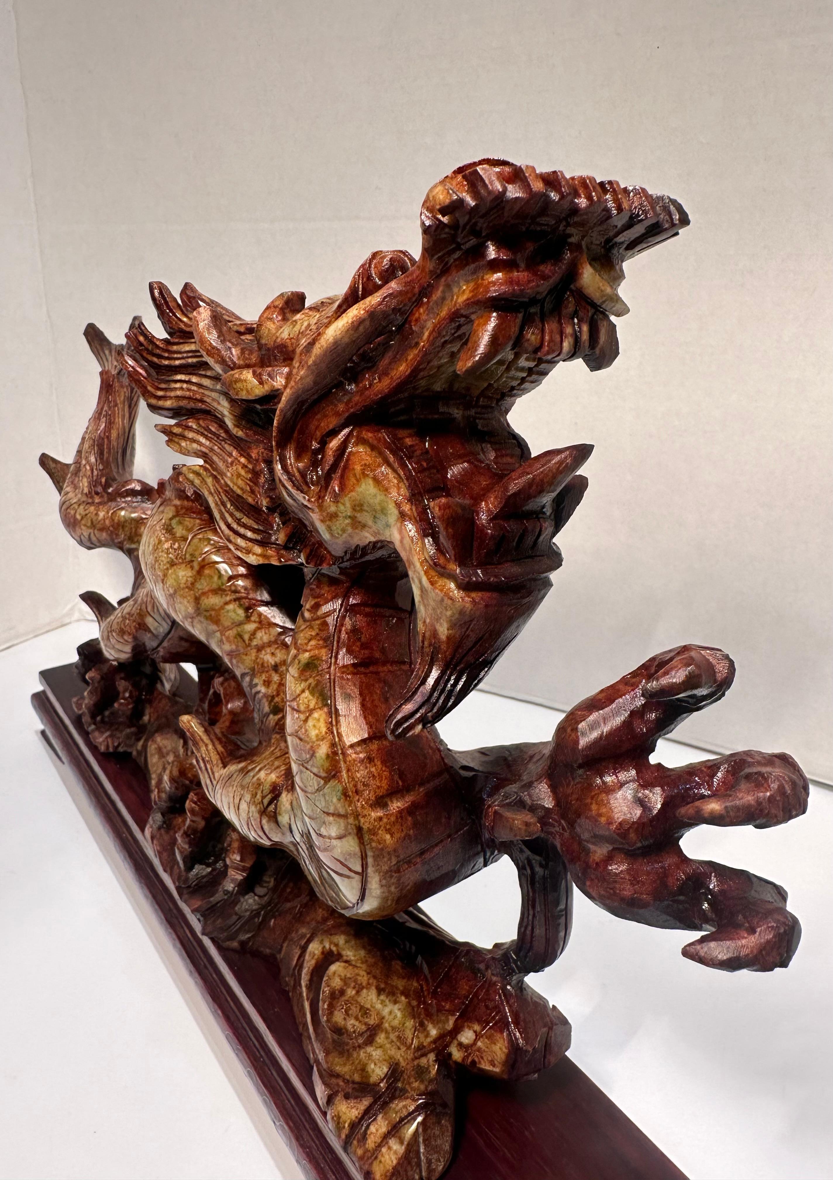 Hand-Carved Year of the Dragon Elaborate Hand Carved Stone Dragon Sculpture on Rosewood Base For Sale