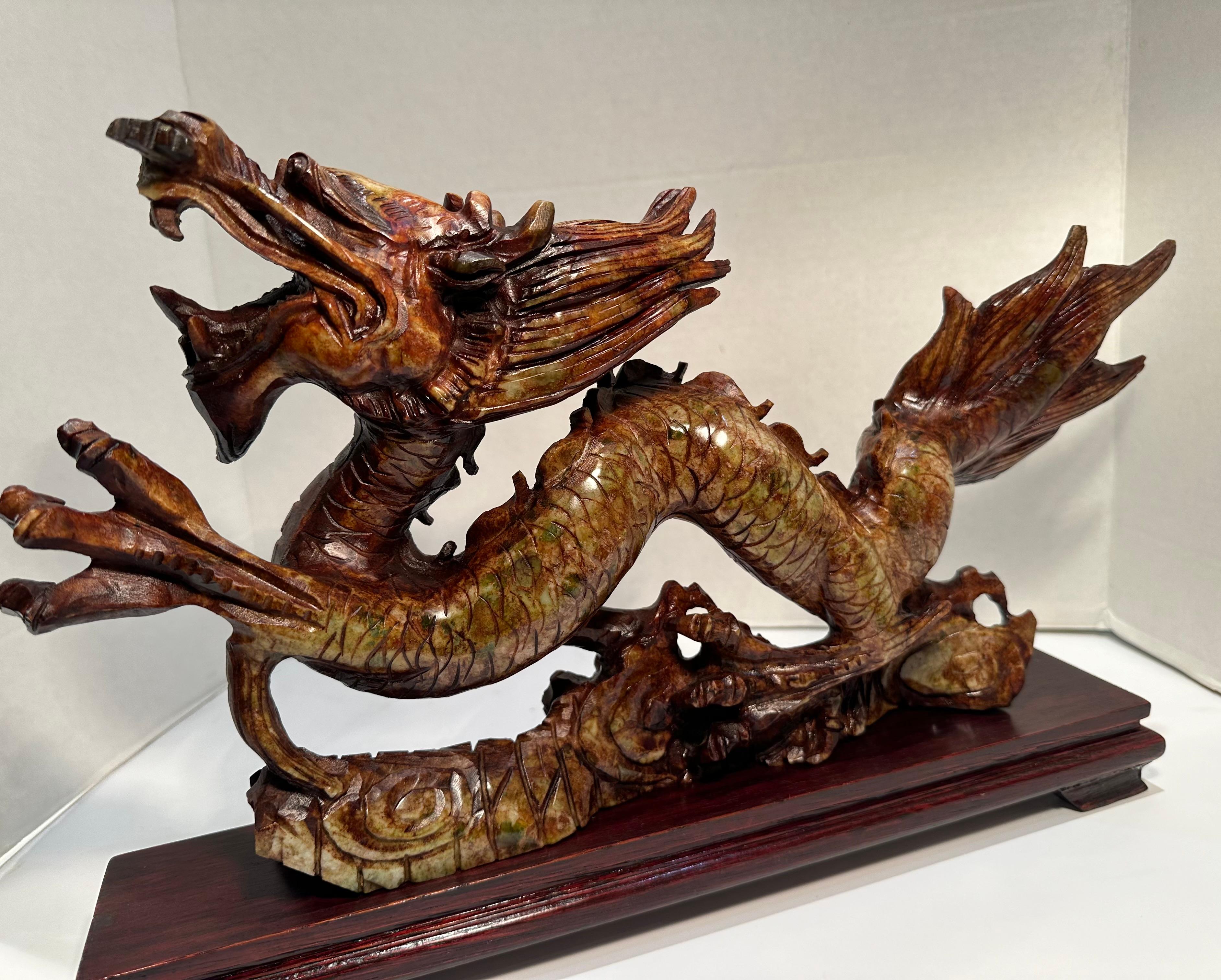 Year of the Dragon Elaborate Hand Carved Stone Dragon Sculpture on Rosewood Base In Good Condition For Sale In Tustin, CA