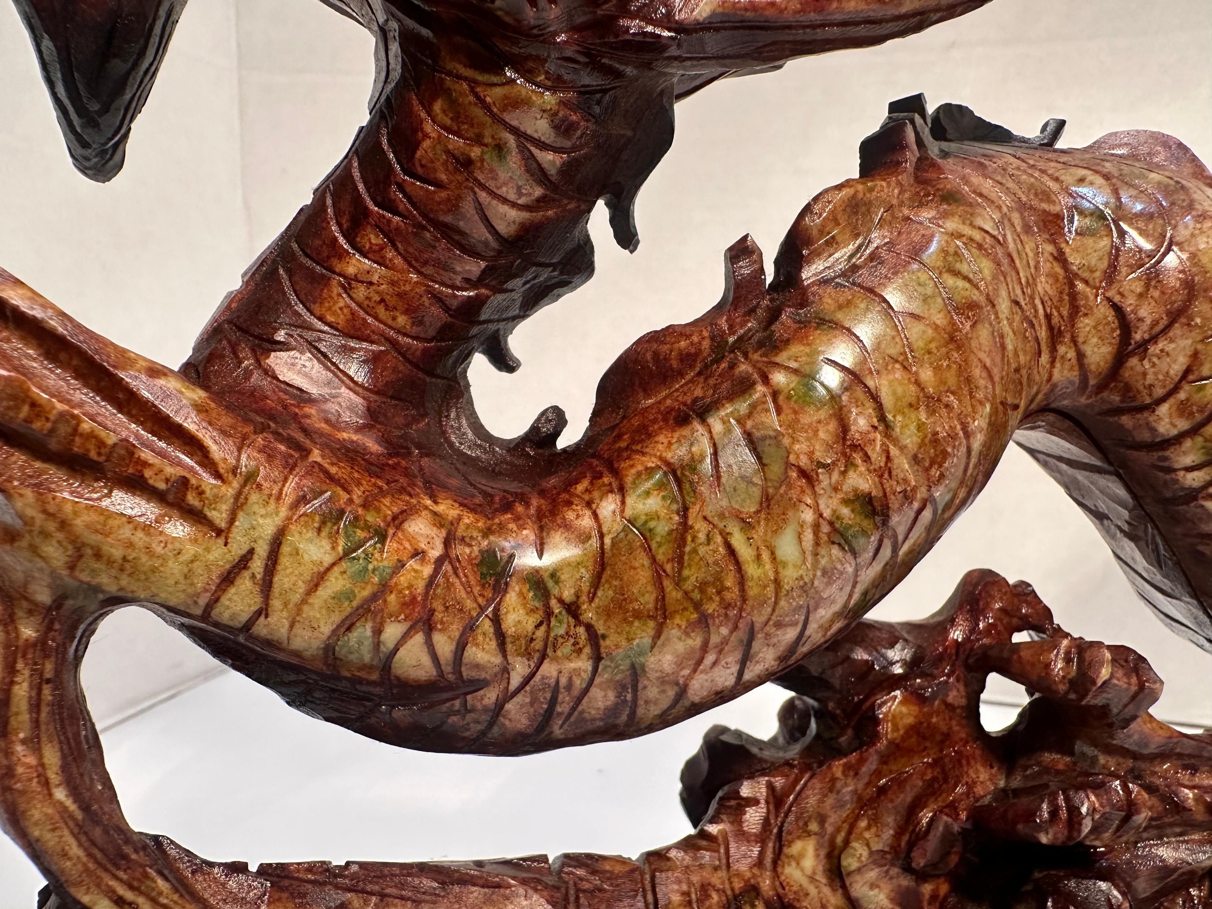 Year of the Dragon Elaborate Hand Carved Stone Dragon Sculpture on Rosewood Base For Sale 1
