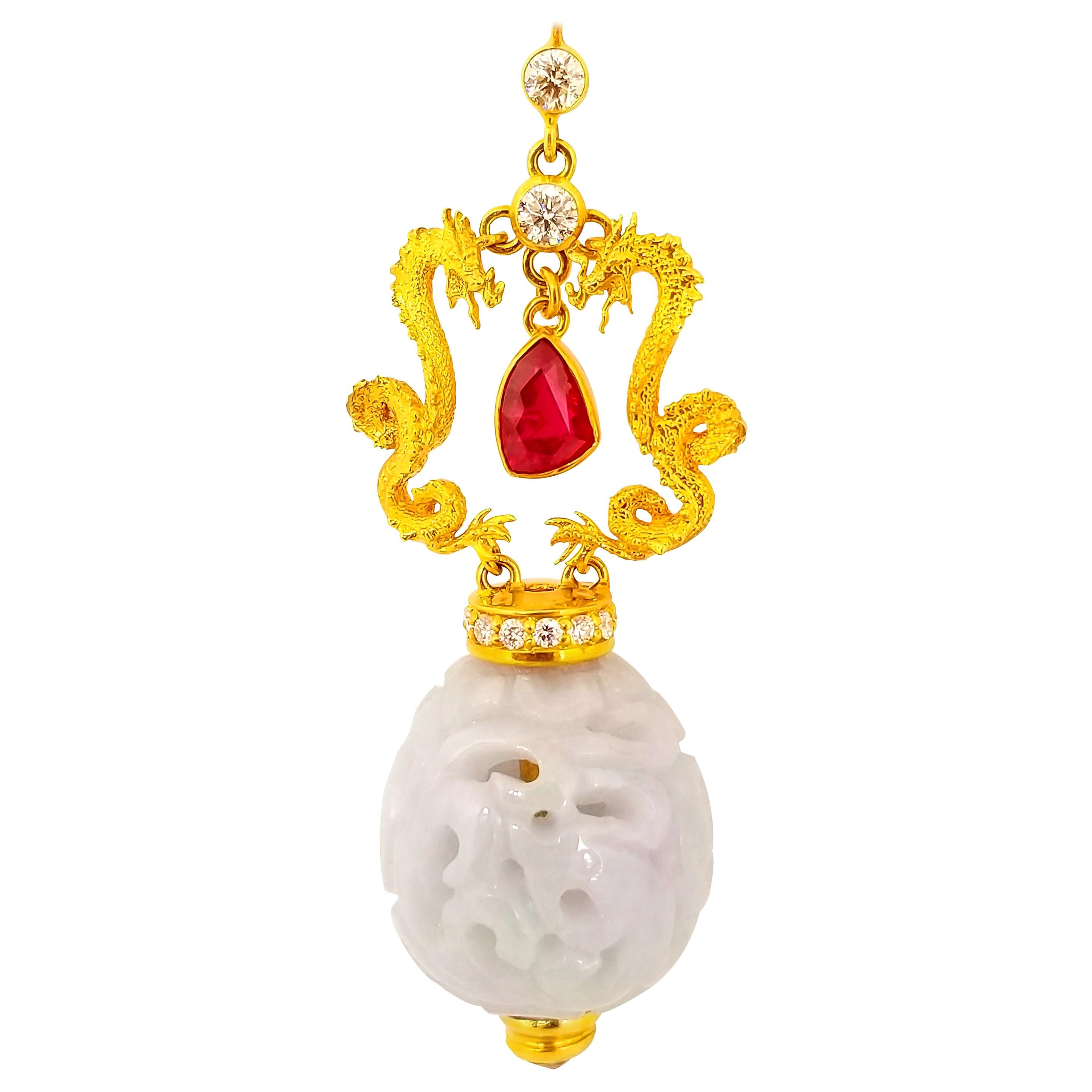 Artisan Boucles d'oreilles en goutte l'année du dragon rouge rubis diamant naturel lavande en vente