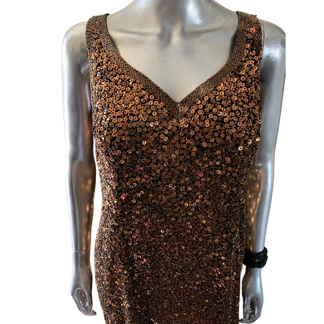 Yearick Hand Beaded Bronze and Black Bugle Bead & Sequin Tank Dress Rare Size 18 For Sale 4