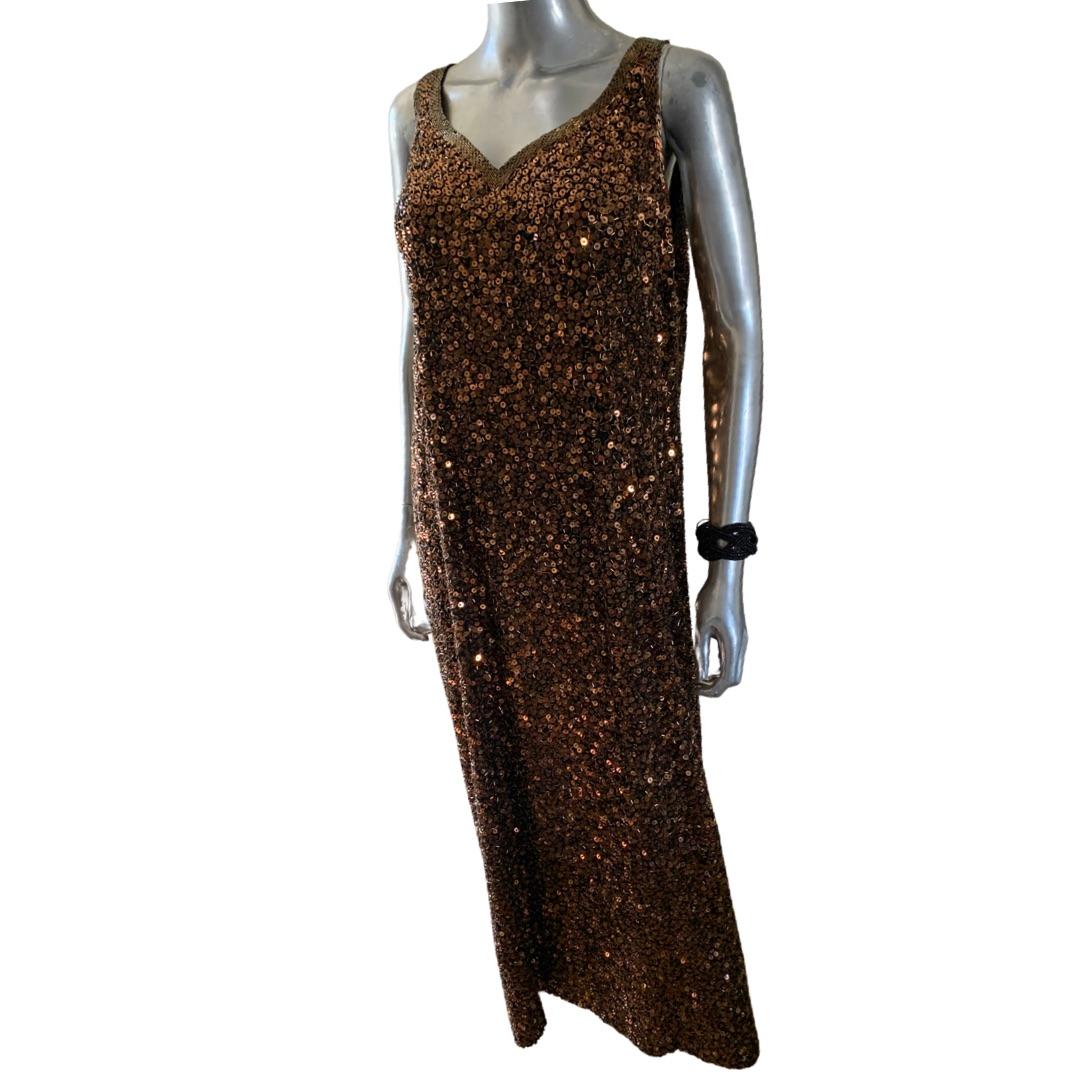 Yearick Hand Beaded Bronze and Black Bugle Bead & Sequin Tank Dress Rare Size 18 For Sale 5