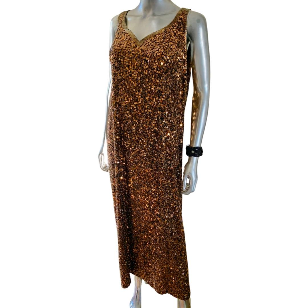 Yearick Hand Beaded Bronze and Black Bugle Bead & Sequin Tank Dress Rare Size 18 For Sale 9