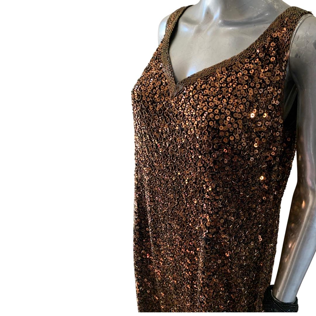 Yearick Hand Perlen Bronze und Schwarz Bugle Perlen & Pailletten Tank Kleid Rare Größe 18 im Zustand „Gut“ im Angebot in Palm Springs, CA