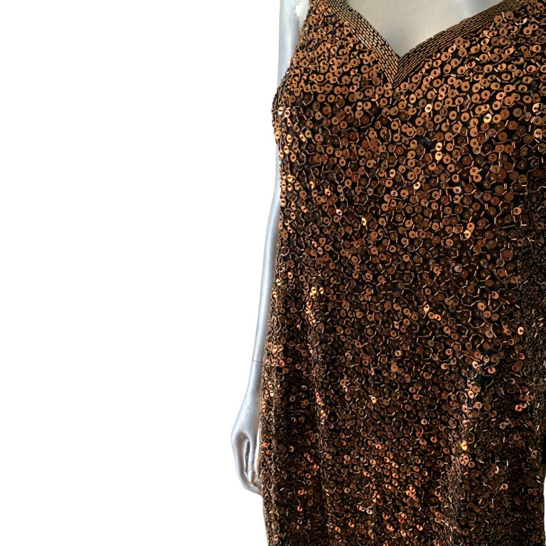 Yearick Hand Perlen Bronze und Schwarz Bugle Perlen & Pailletten Tank Kleid Rare Größe 18 Damen im Angebot