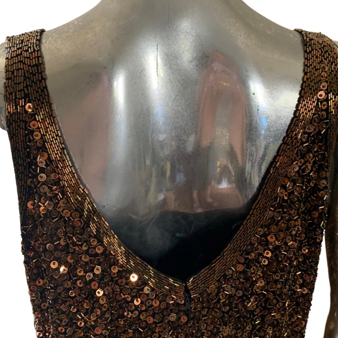 Yearick Hand Beaded Bronze and Black Bugle Bead & Sequin Tank Dress Rare Size 18 In Good Condition For Sale In Palm Springs, CA