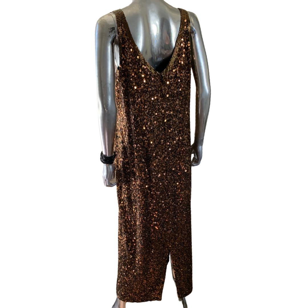 Women's Yearick Hand Beaded Bronze and Black Bugle Bead & Sequin Tank Dress Rare Size 18 For Sale
