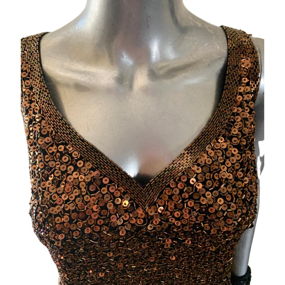 Yearick Hand Beaded Bronze and Black Bugle Bead & Sequin Tank Dress Rare Size 18 For Sale 2