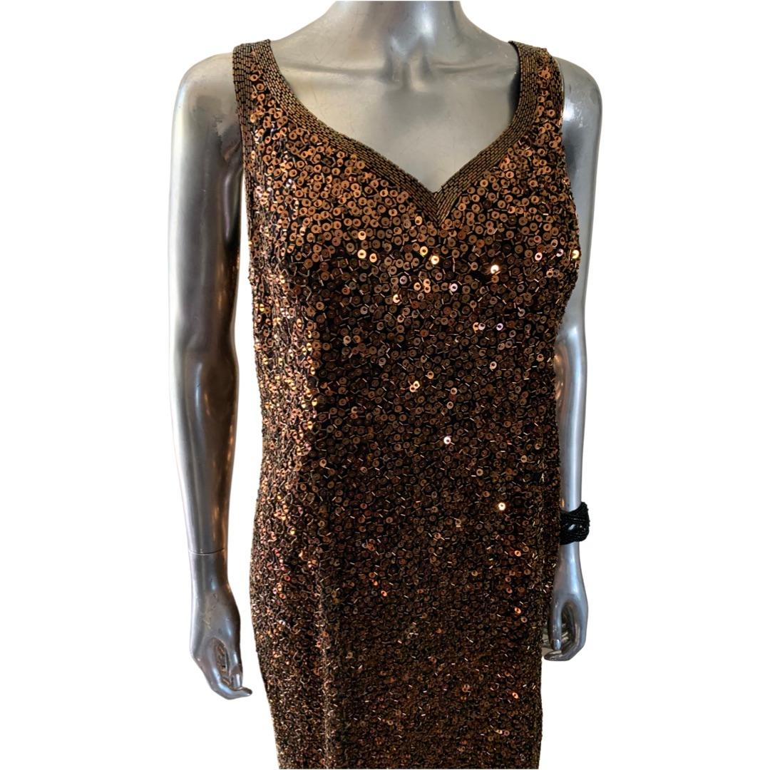 Yearick Hand Beaded Bronze and Black Bugle Bead & Sequin Tank Dress Rare Size 18 For Sale 3