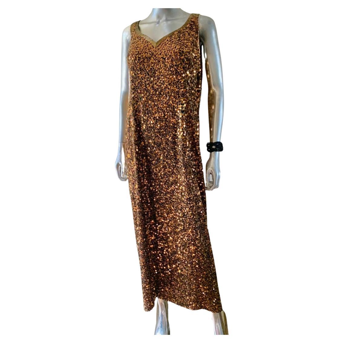 Yearick Hand Beaded Bronze and Black Bugle Bead & Sequin Tank Dress Rare Size 18 For Sale