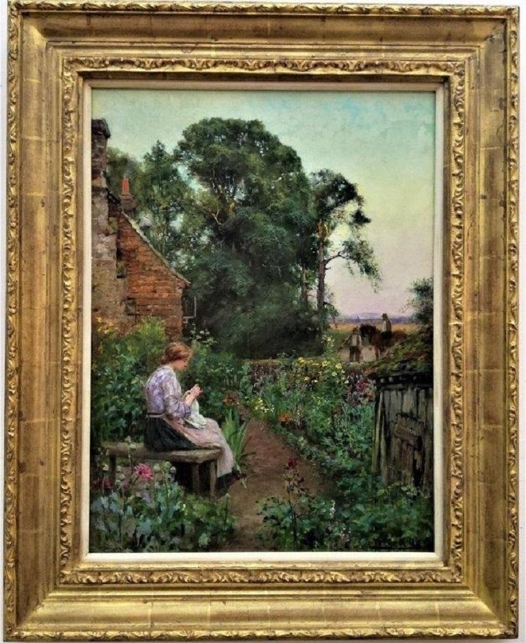 „Mädchen im Hausgarten, Sommer- englische Landschaftslandschaft, Öl auf Leinwand – Painting von Yeend-King