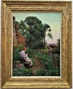 "Girl in the Cottage Garden”, Summer English country landscape, oil on canvas