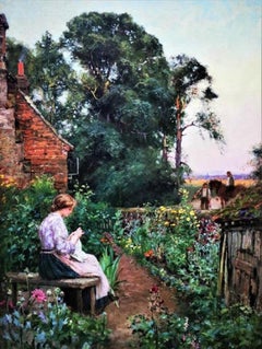 "Girl in the Cottage Garden”, Summer English country landscape, oil on canvas