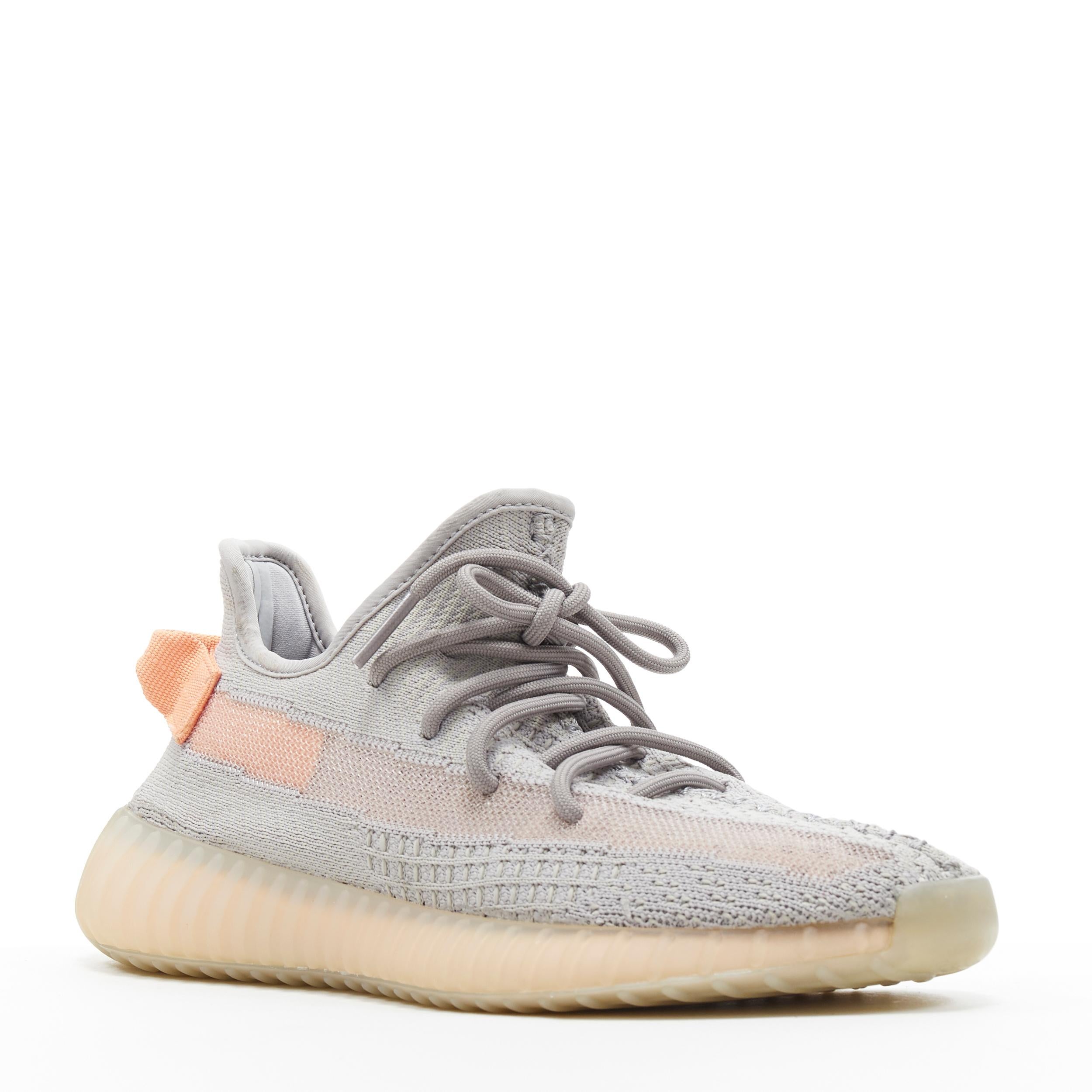 YEEZY 350 V2 Coconut grey peach orange sock knit sneakers upper Kanye Adidas US7
Brand: Yeezy
Designer: Kanye West
Model Name / Style: Yeezy 350 V2
Material: Fabric
Color: Grey
Pattern: Solid
Extra Detail: Yeezy 350 V2 Coconut colorway. Low (1-1.9