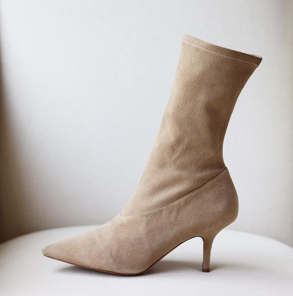 Yeezy Season 5 stretch-suede ankle boots are made from soft beige suede and have distinctive 70 mm heels.
They're a great year-round option and fit closely around the ankle and calves thanks to the discreet zips and elasticated fit.
Heel measures