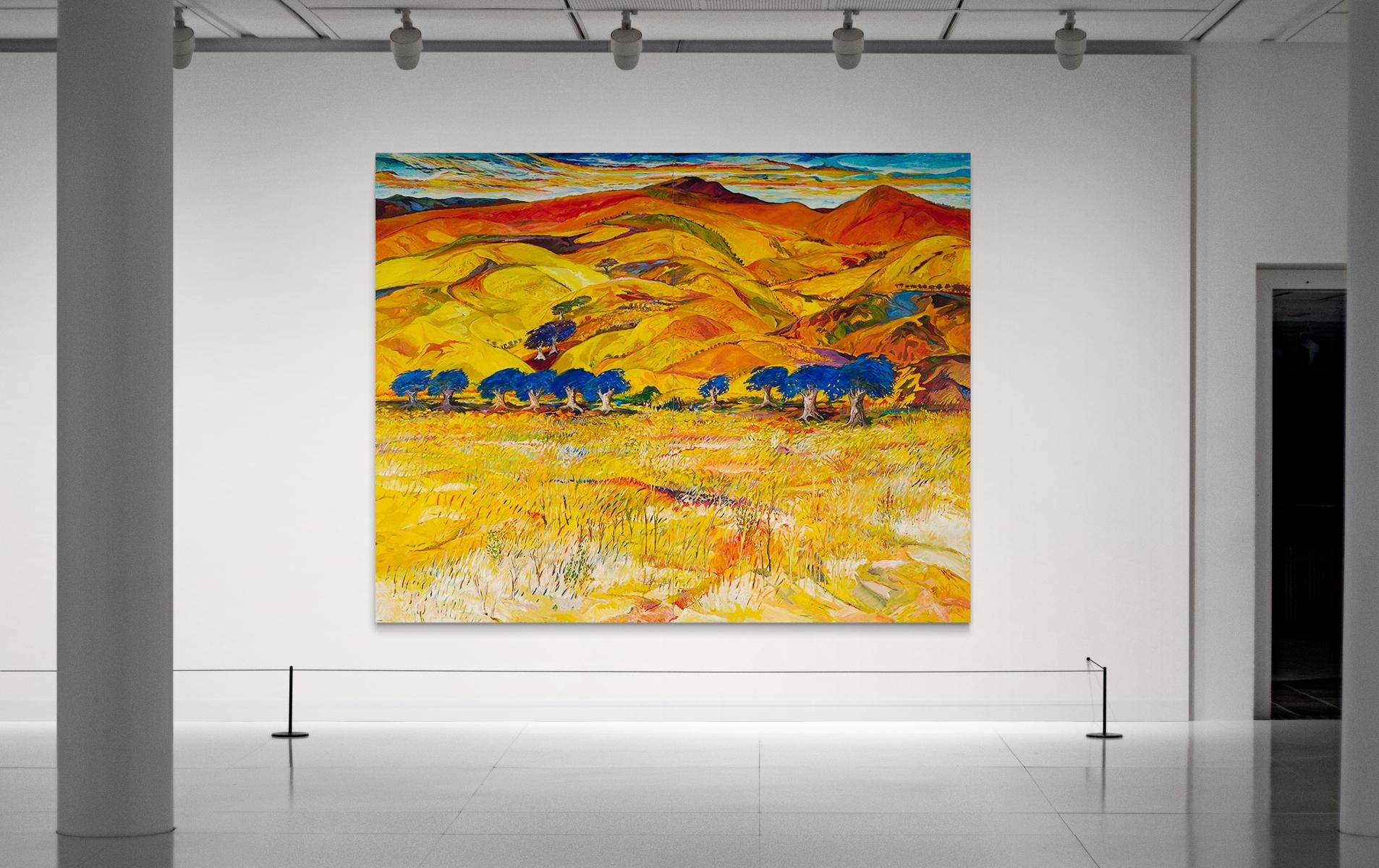 Heartland - rojo, naranja, amarillo, azul, contemporáneo, paisaje, óleo sobre lienzo 4