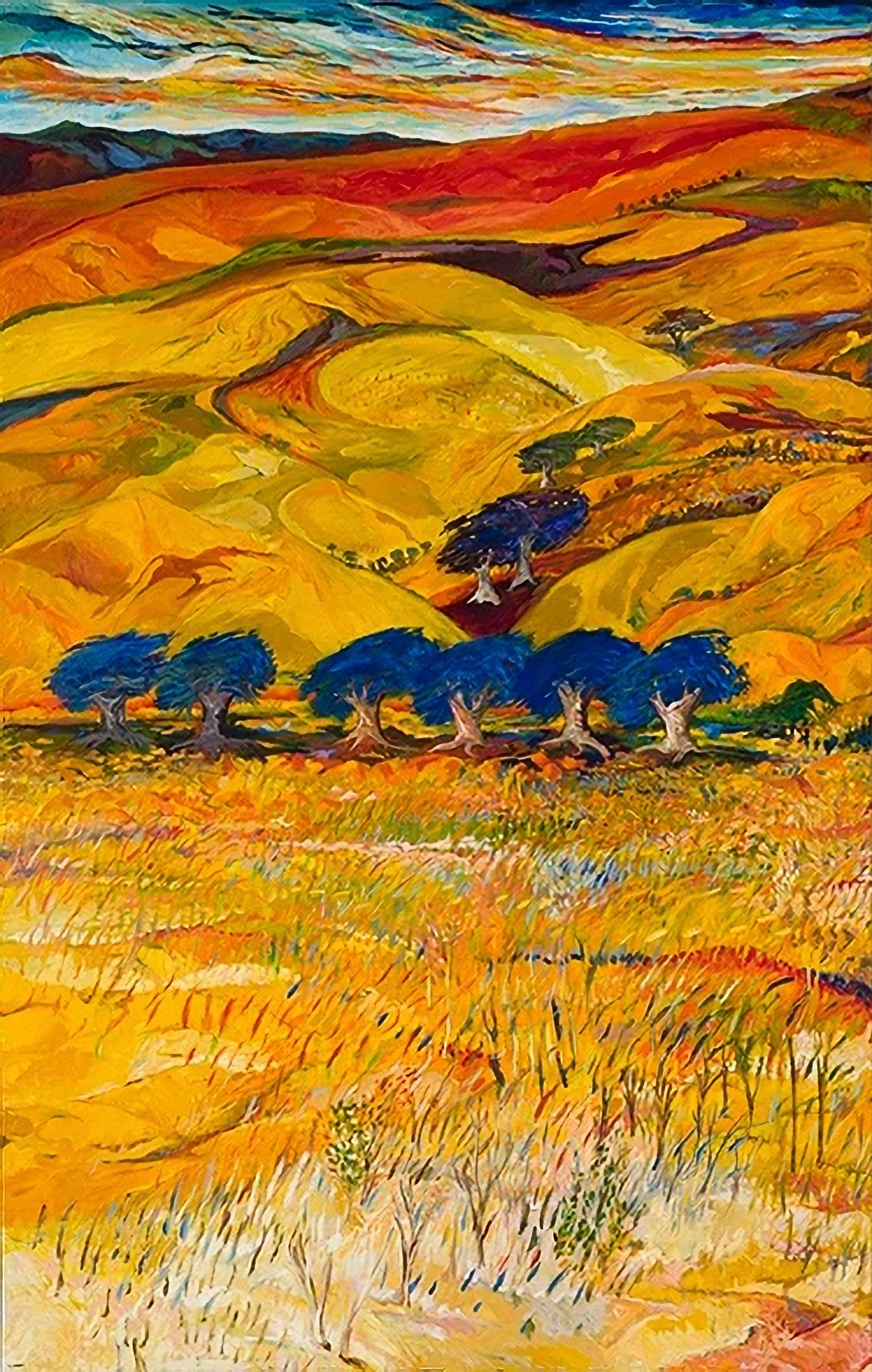 Heartland - rojo, naranja, amarillo, azul, contemporáneo, paisaje, óleo sobre lienzo - Painting Contemporáneo de Yehouda Chaki