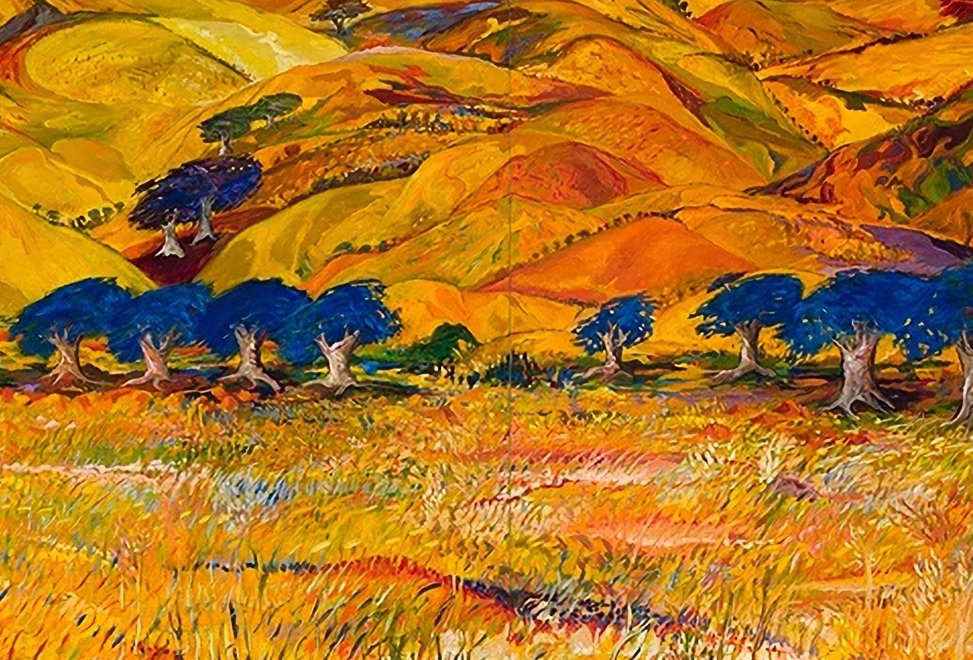 Heartland - rojo, naranja, amarillo, azul, contemporáneo, paisaje, óleo sobre lienzo 1