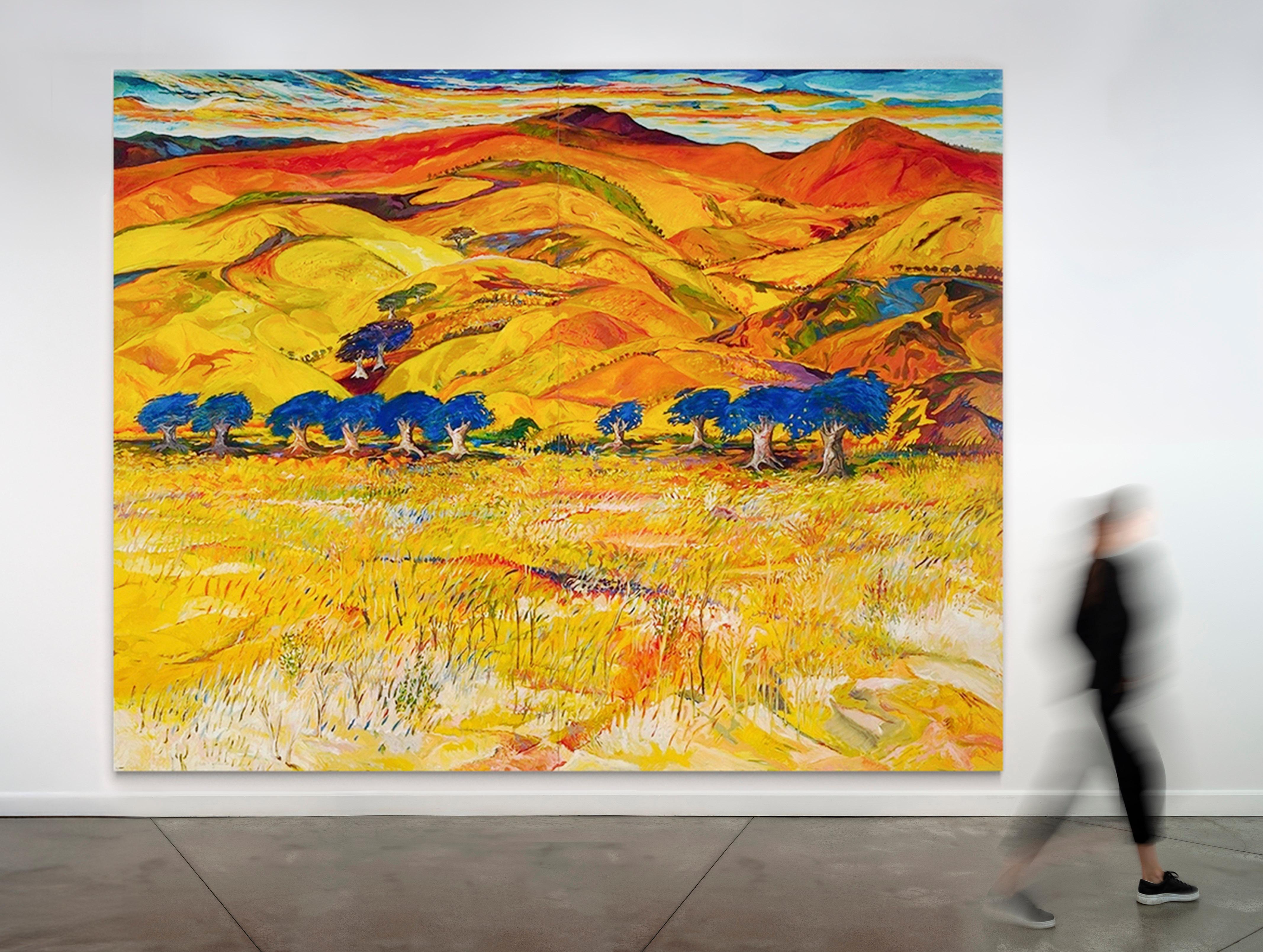 Heartland - rojo, naranja, amarillo, azul, contemporáneo, paisaje, óleo sobre lienzo 3