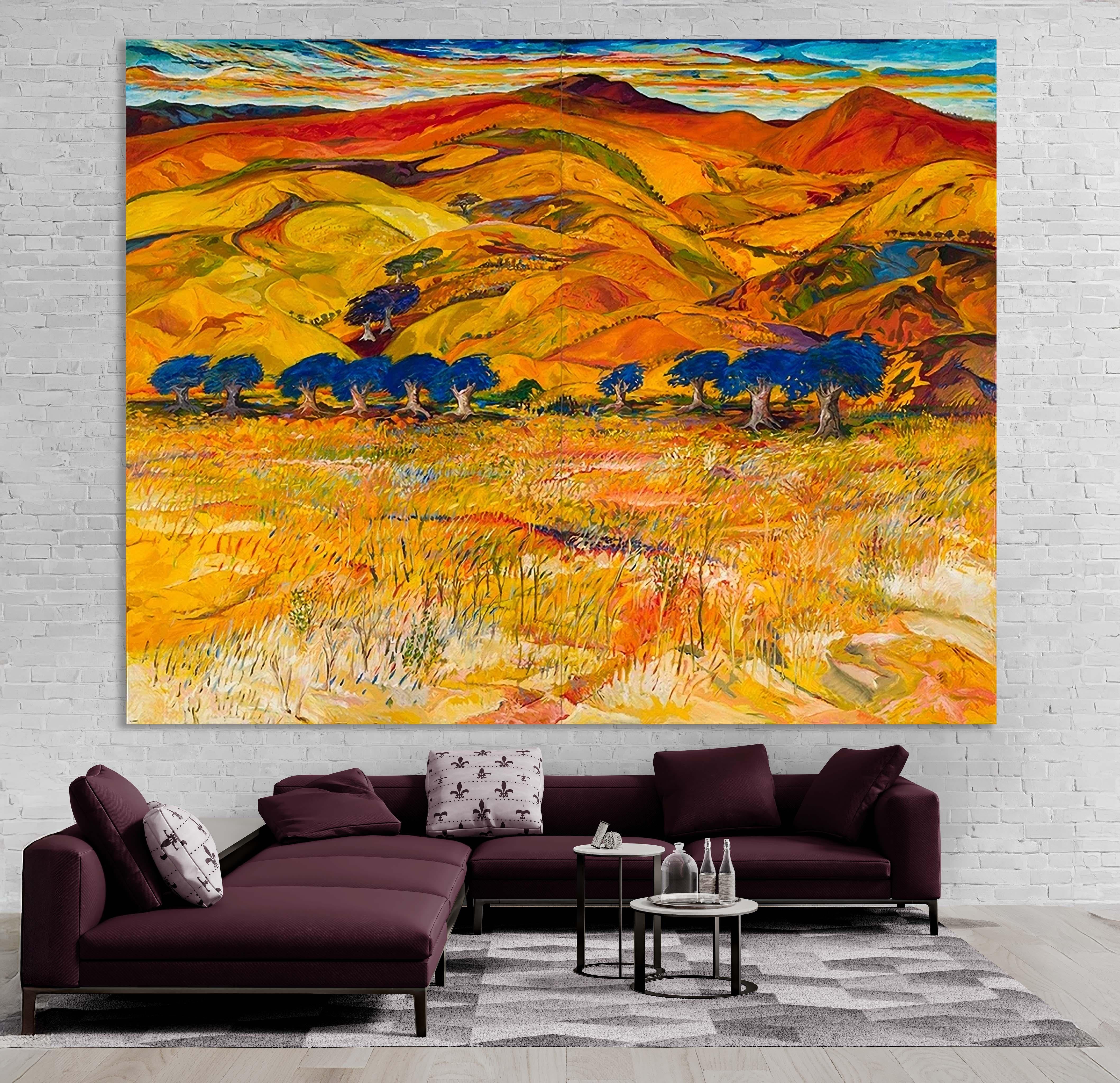 Heartland - rojo, naranja, amarillo, azul, contemporáneo, paisaje, óleo sobre lienzo 5