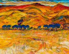 Heartland - rojo, naranja, amarillo, azul, contemporáneo, paisaje, óleo sobre lienzo