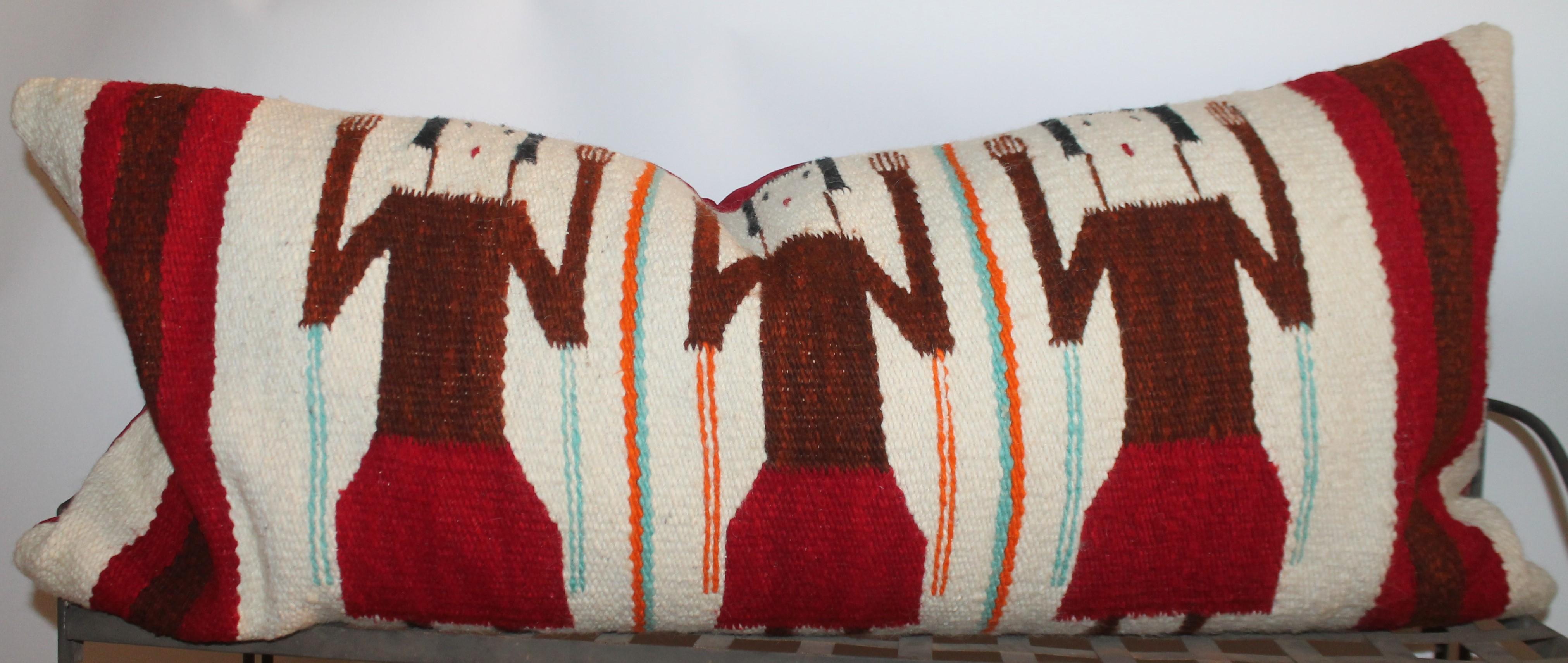 Navajo Yea  Indian weaving bolster pillow. With red ultra suede backing. Down & feather fill.