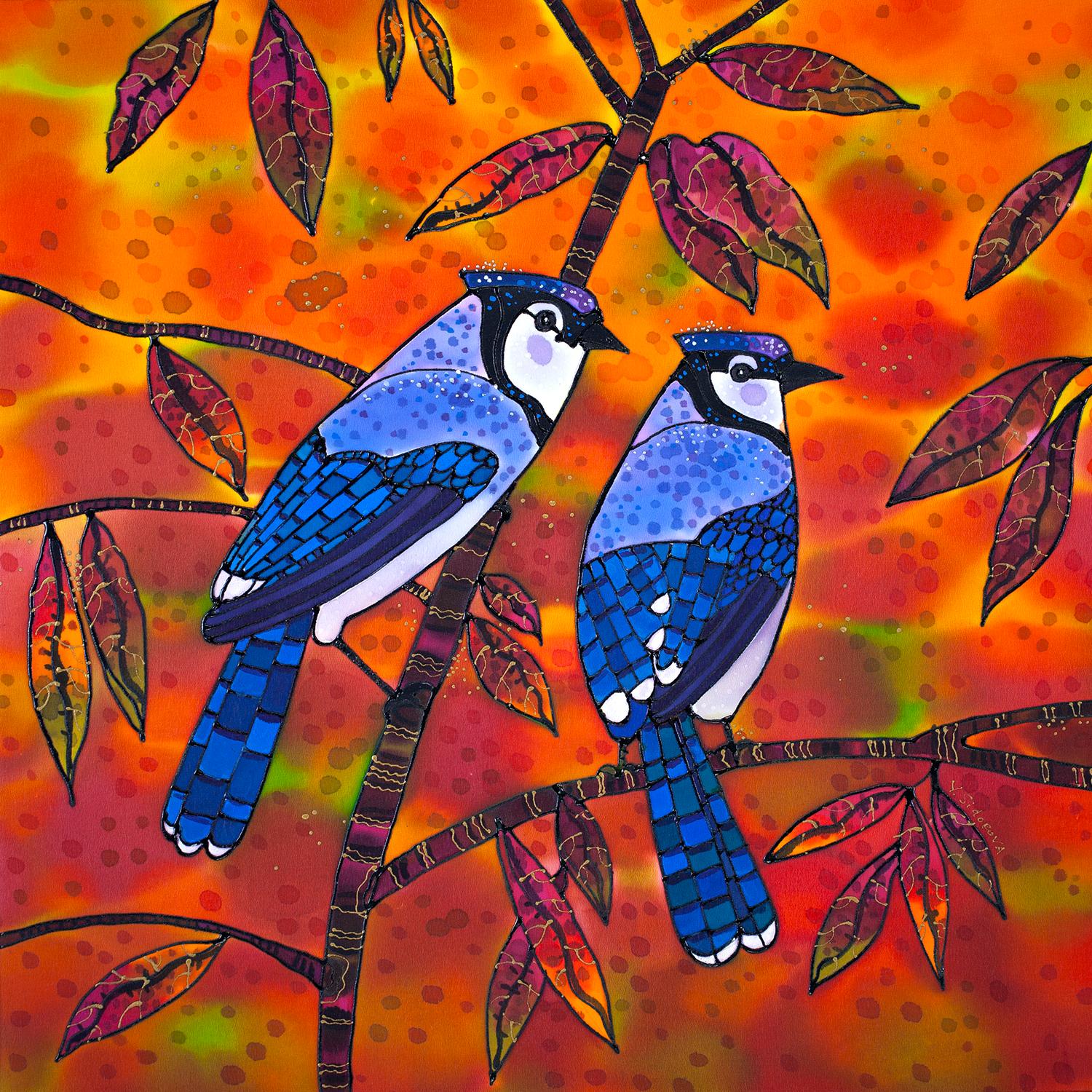 Blue Jays through the Prism of Autumn - Mixed Media Art by Yelena Sidorova