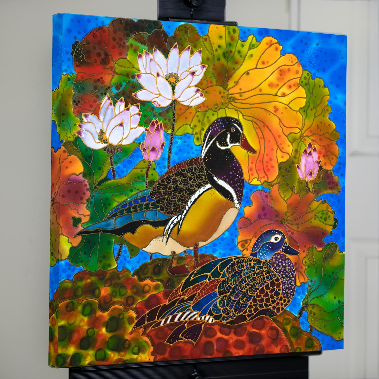 <p>Artist Comments<br>As part of artist Yelena Sidorova's Birds series, this piece features a vibrant display of intricately painted ducks surrounded by colorful flowers. The artwork celebrates the distinctive qualities of silk painting, emphasizing