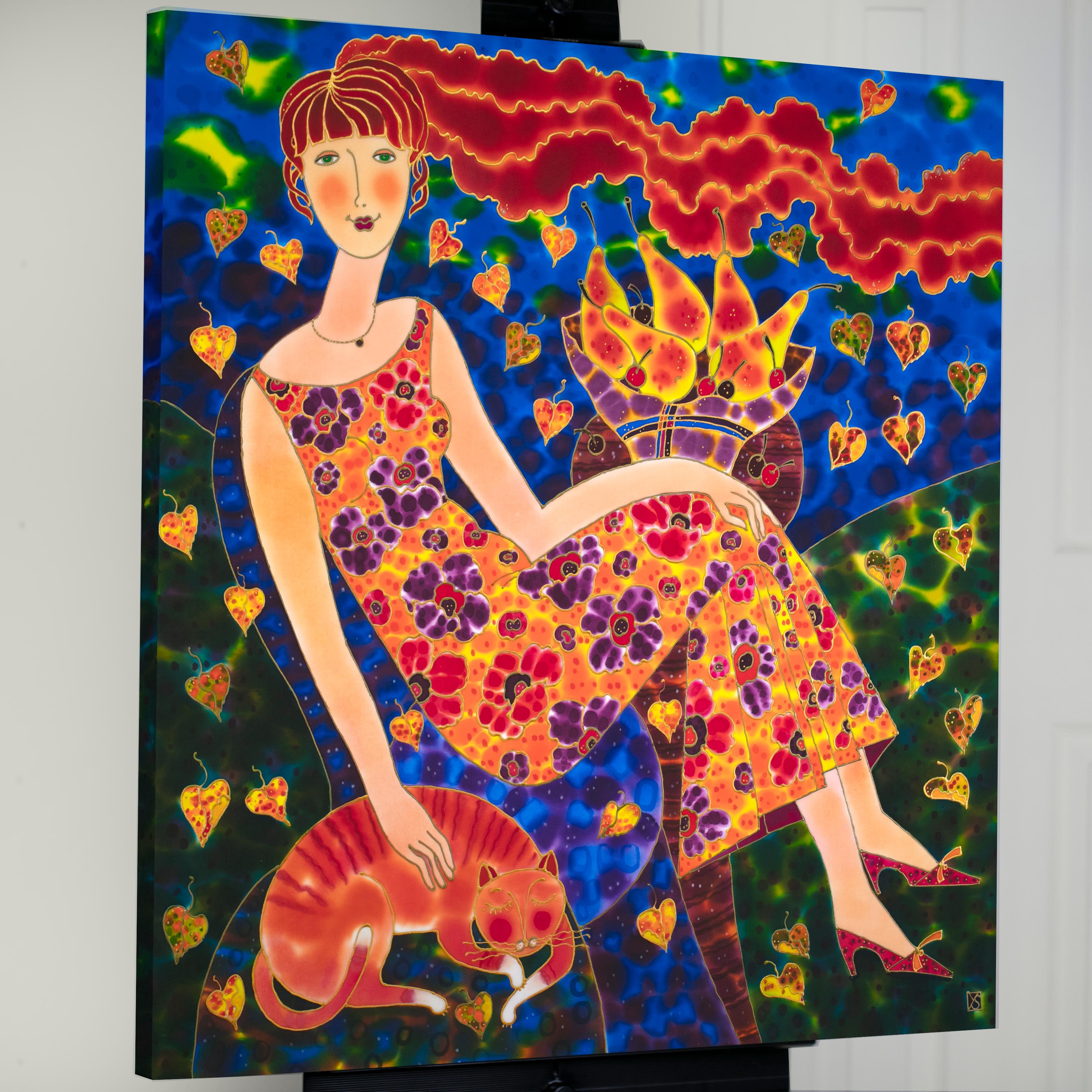 <p>Comentarios del artista<br />Sentada bajo la brisa veraniega, una mujer se deleita acariciando a su gato pelirrojo con un cuenco de peras y cerezas recién recogidas a su lado. Su pelo rojo se mece con las hojas que caen, agitadas por la ráfaga de