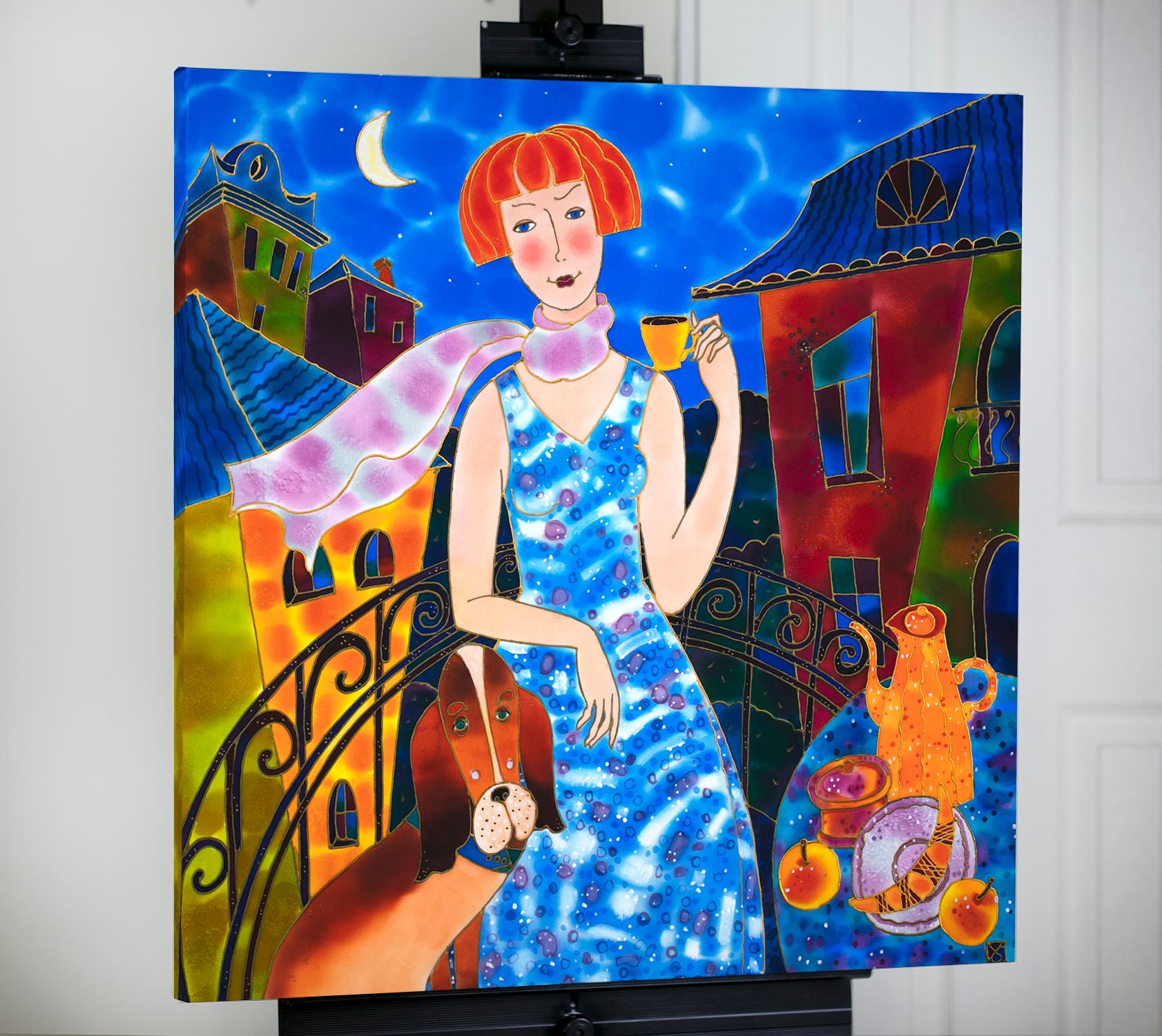 <p>Artist Comments<br>A red-haired girl enjoys a cup of tea on her balcony. Accompanied by her dog, they relish the night's gentle breeze as they observe the town below. The artwork celebrates the distinctive qualities of silk painting, emphasizing