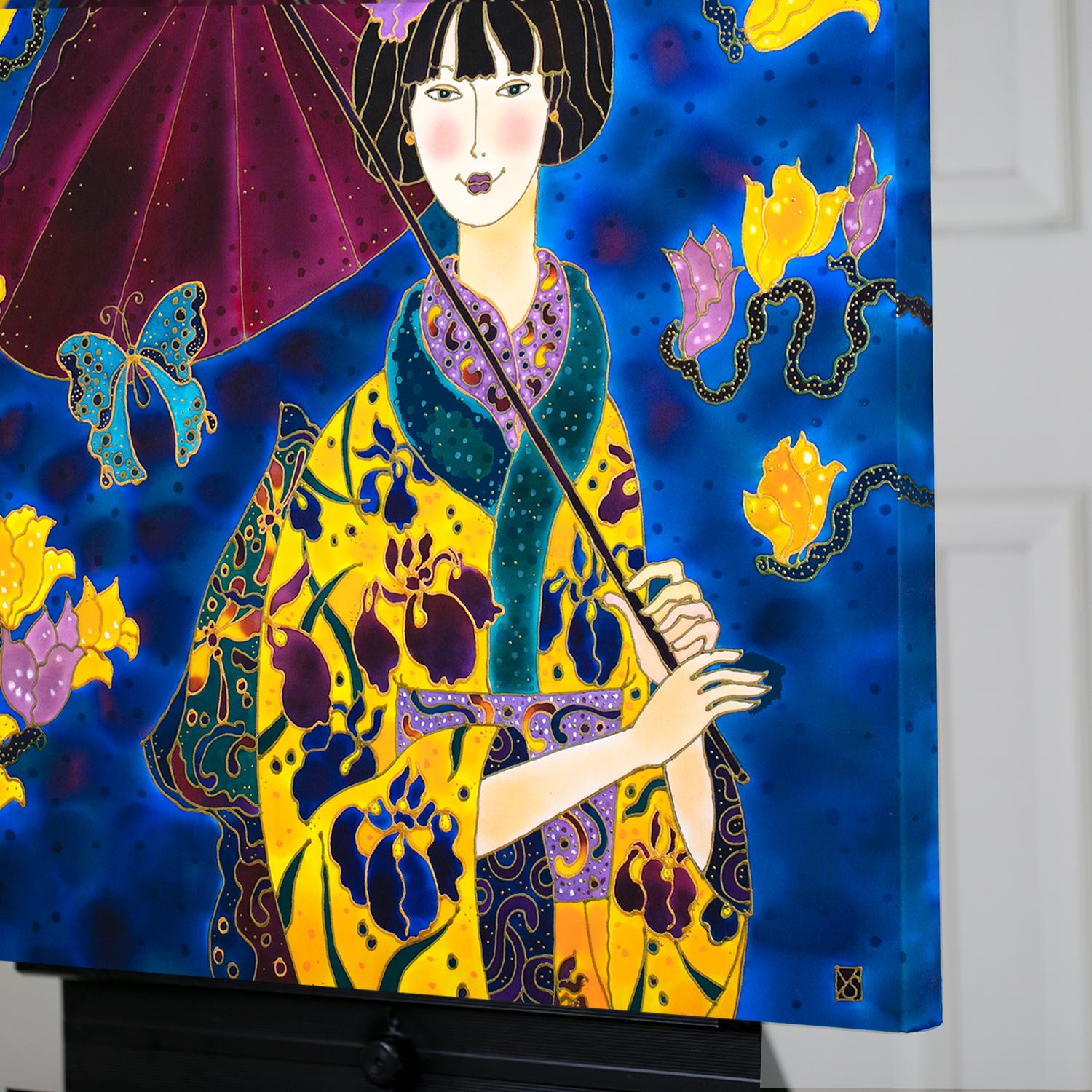 Japanese Girl in Iris Kimono, Original Painting - Contemporary Mixed Media Art by Yelena Sidorova