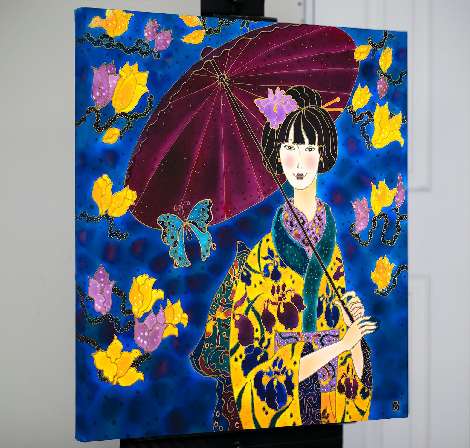 <p>Commentaires de l'artiste<br>L'artiste Yelena Sidorova présente le portrait d'une geisha vêtue d'un magnifique kimono d'iris et d'un parasol d'été. Elle peint l'œuvre comme une dédicace à l'artisanat exquis des Japonais. 