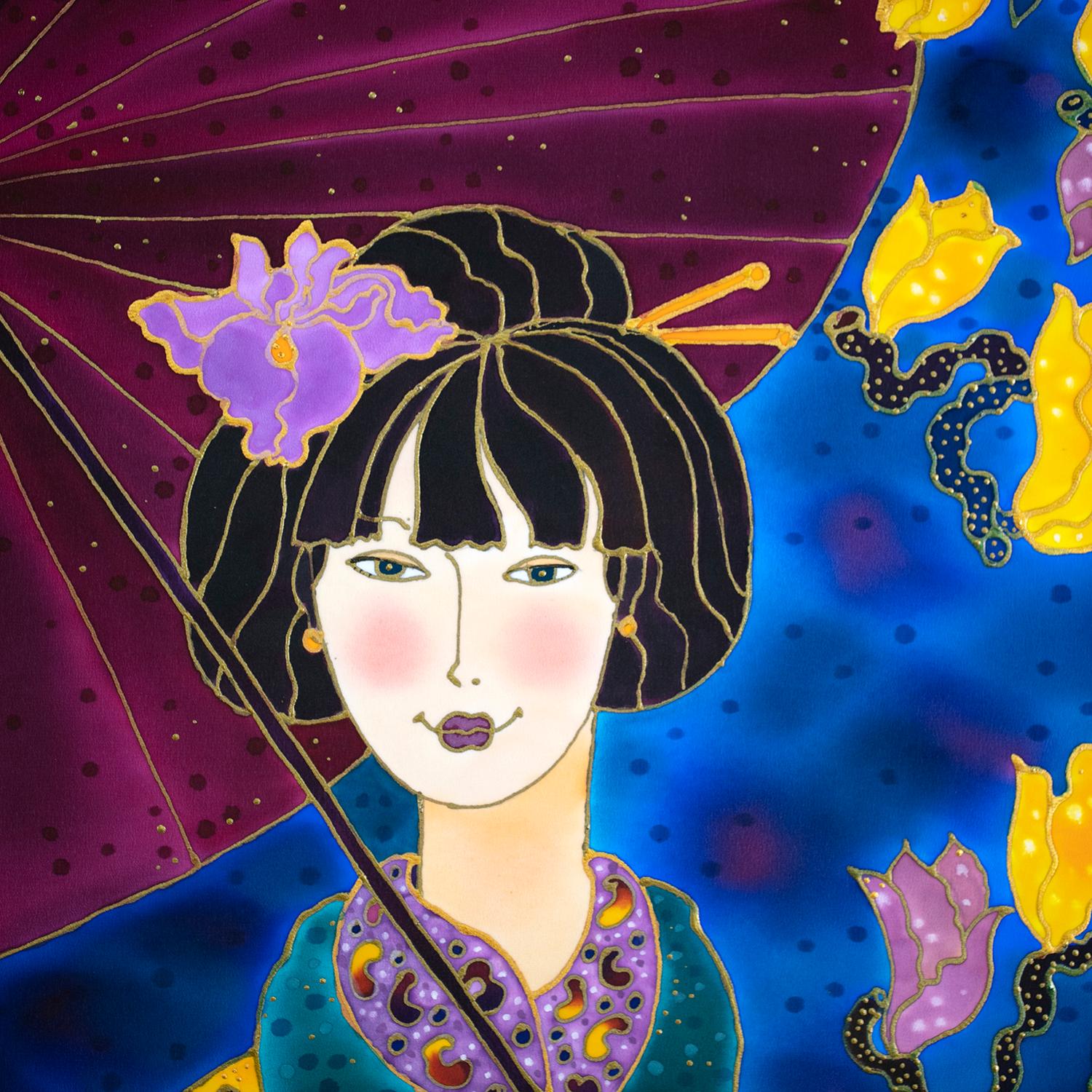Japanese Girl in Iris Kimono, Original Painting For Sale 1