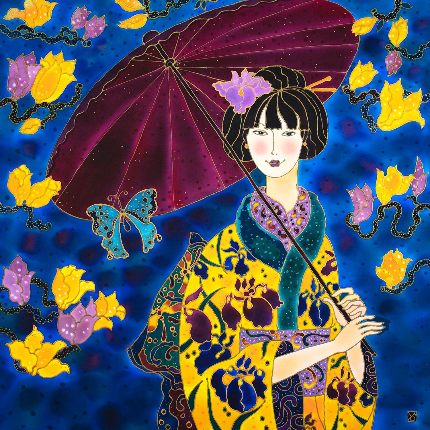 Japanese Girl in Iris Kimono, Original Painting - Mixed Media Art by Yelena Sidorova
