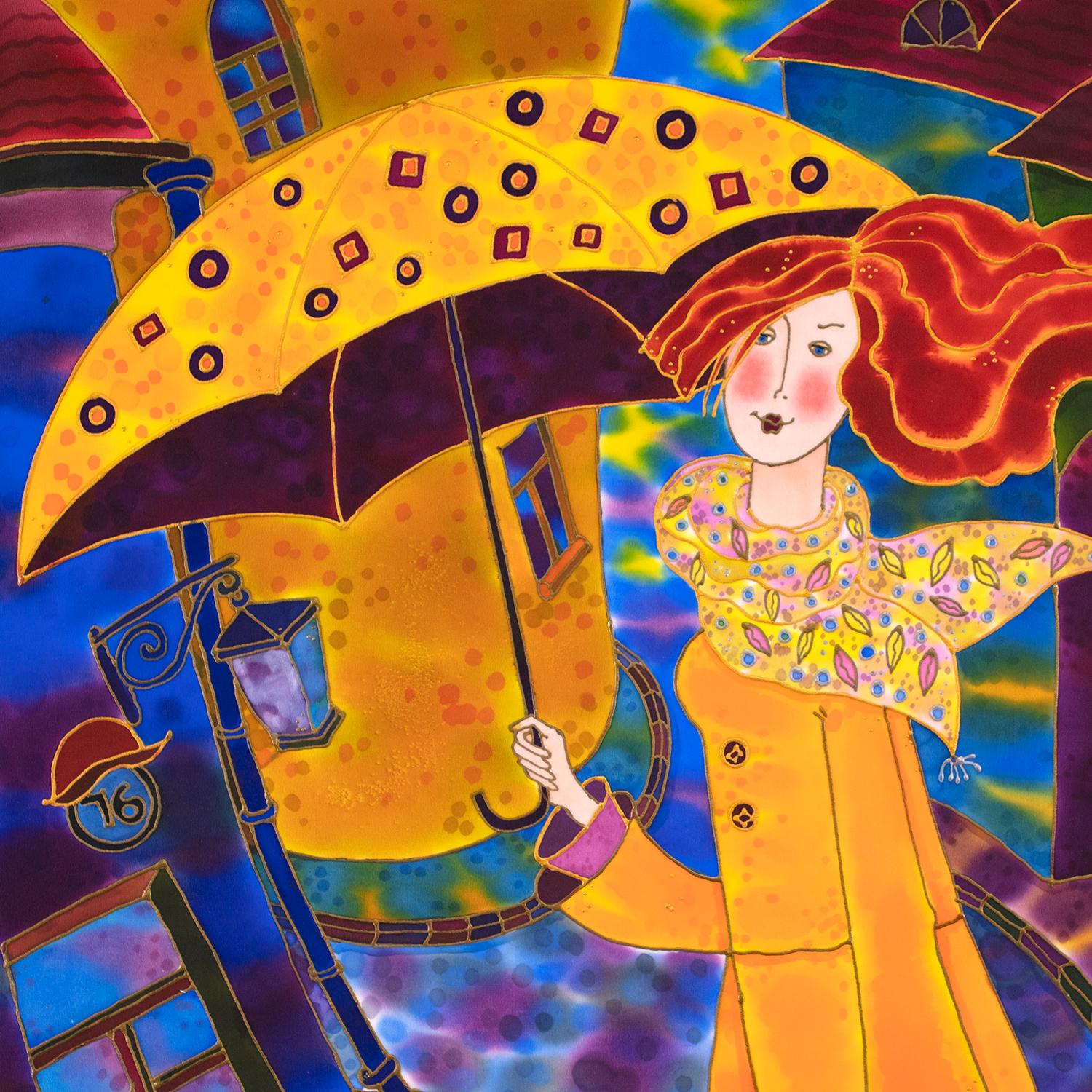 <p>Artist Comments<br>Artist Yelena Sidorova illustrates a redheaded girl roaming an old European town. She carries an umbrella in one hand and her dog nestled in a basket in the other. 