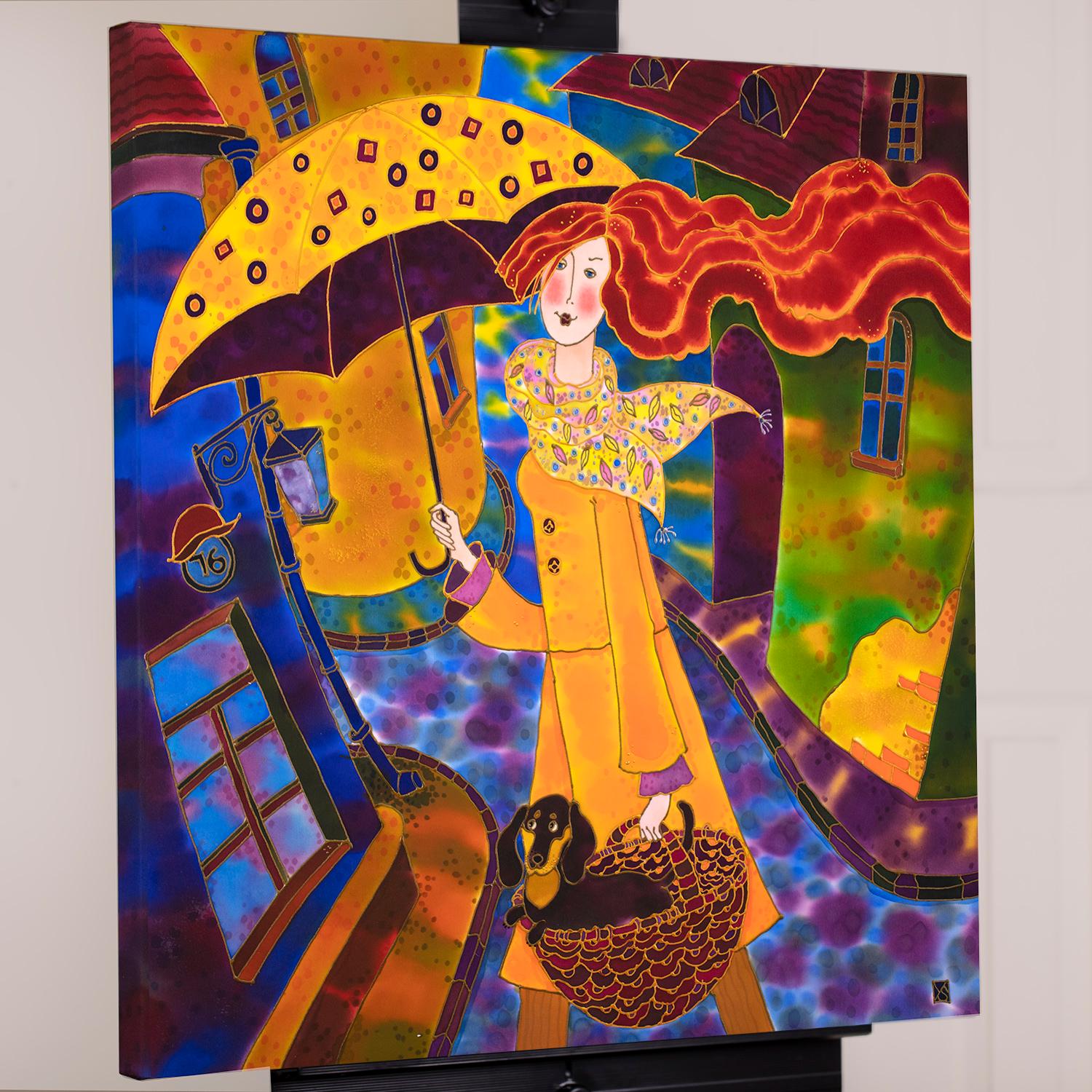 <p>Commentaires de l'artiste<br>L'artiste Yelena Sidorova illustre une jeune fille rousse errant dans une vieille ville européenne. Elle porte un parapluie dans une main et son chien niché dans un panier dans l'autre. 