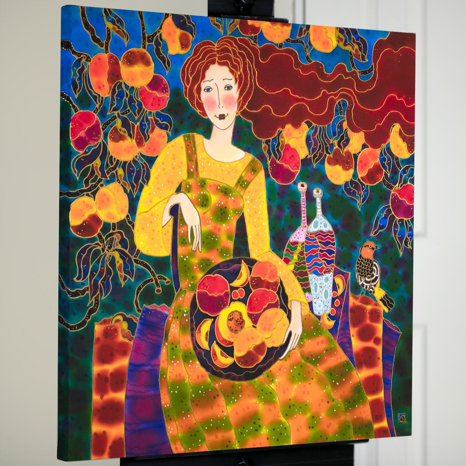 <p>Kommentare des Künstlers<br>Ein rothaariges Mädchen sitzt mit einem Korb voller Pfirsiche da und genießt ihre reiche Ernte. Dieses Kunstwerk ist Teil der Serie Figurative der Künstlerin Yelena Sidorova, die für ihre leuchtenden Herbstfarben