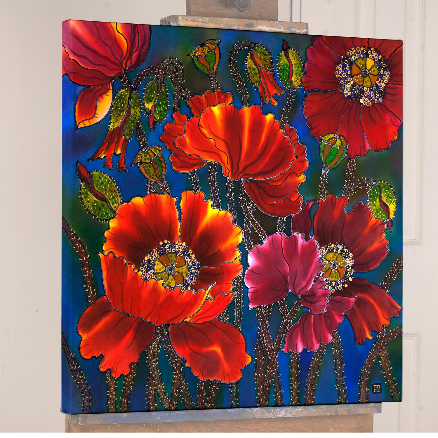 <p>Artist Comments<br /> Poppies are one of my favorite subject to paint. They are cheerful and a pleasure for the eyes. I love how flowers appear on silk.   This piece is made using dyes and acrylic paints on Chinese silk. When applied, liquid dyes