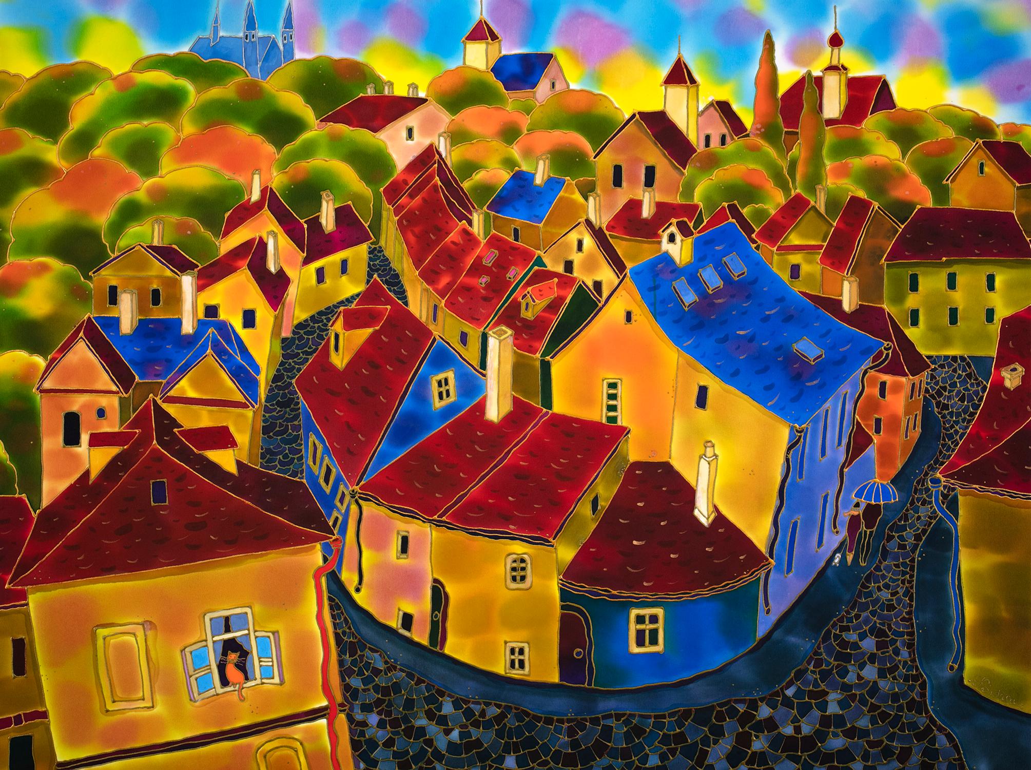 Red Roofs Prague - 3, Original Painting - Mixed Media Art by Yelena Sidorova