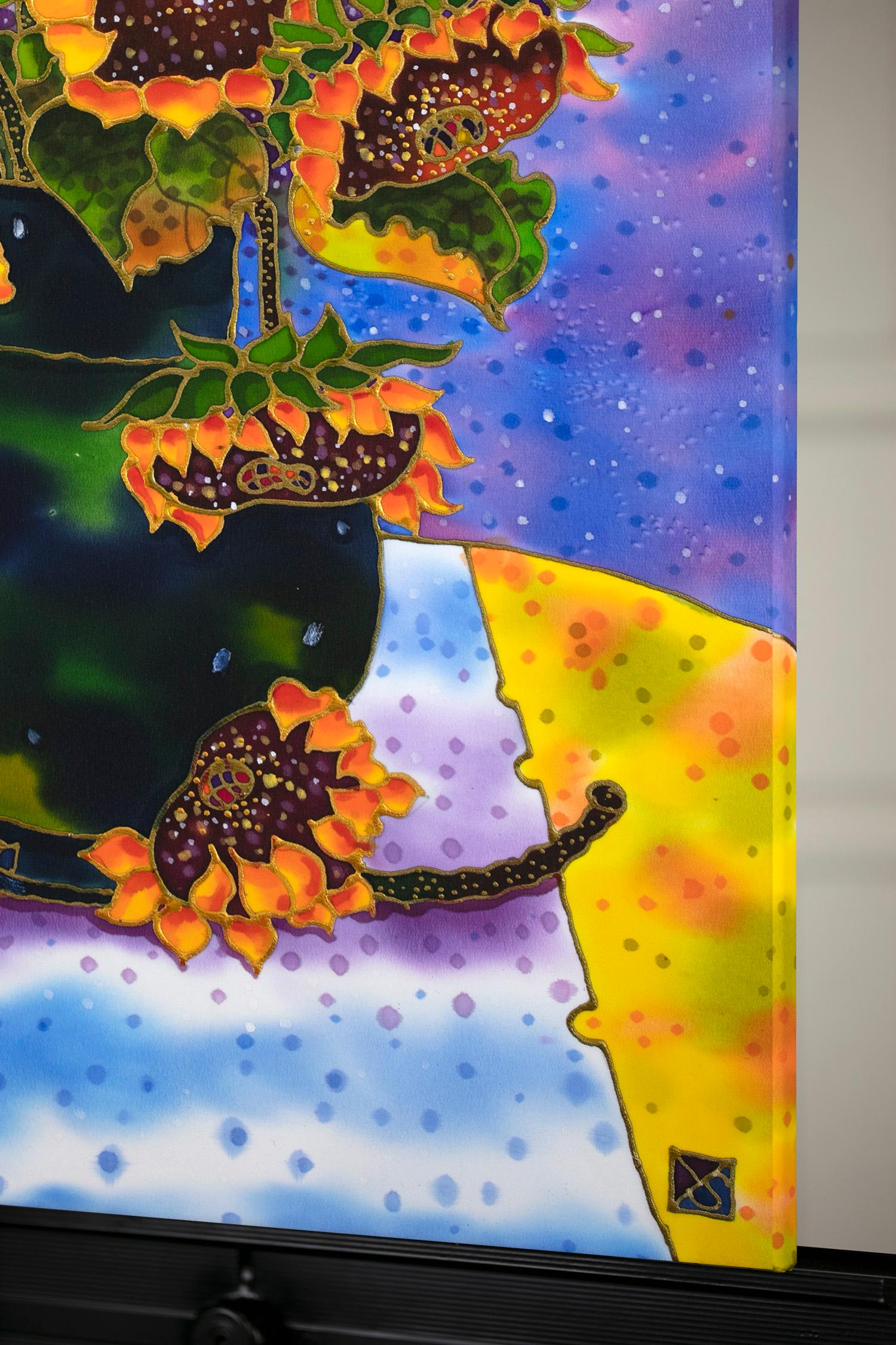 Girasoli in vaso verde, Pittura originale - Mixed Media Art Espressionista di Yelena Sidorova
