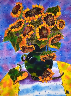 Girasoles en jarrón verde, Pintura original