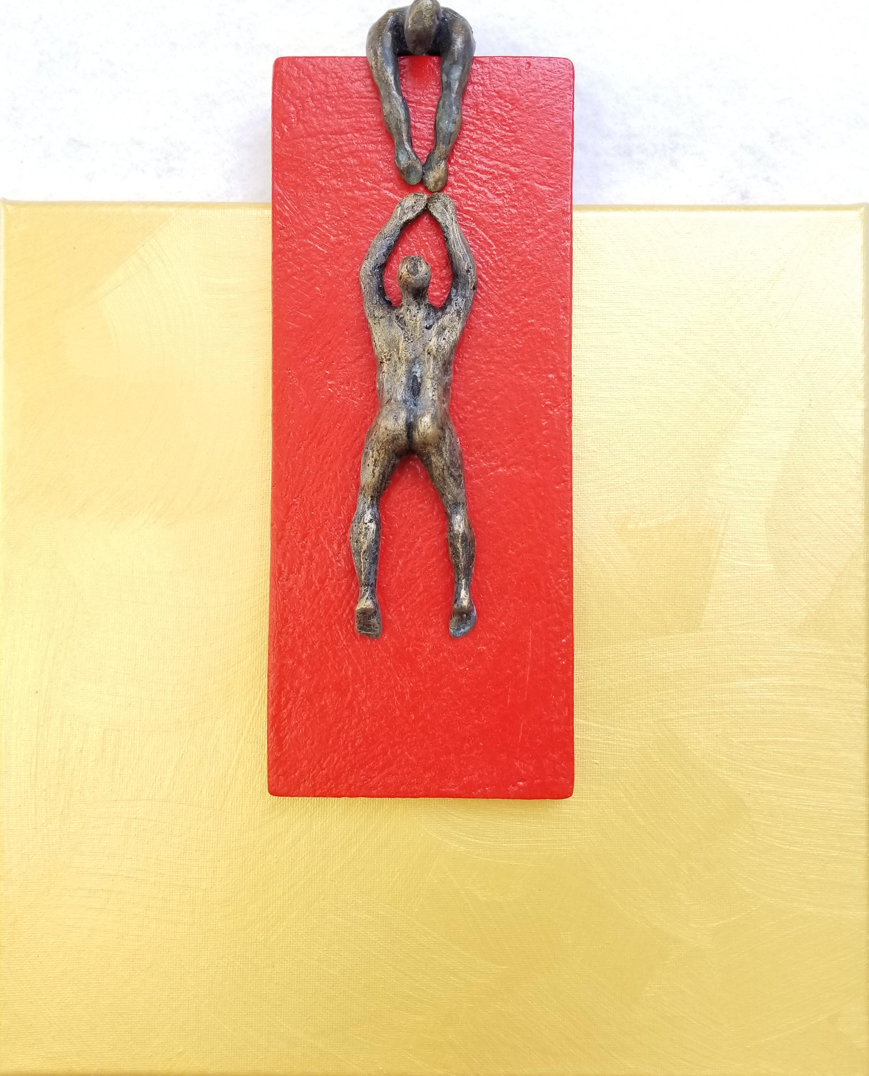Red Climber on Gold, Original Painting - Mixed Media Art by Yelitza Diaz