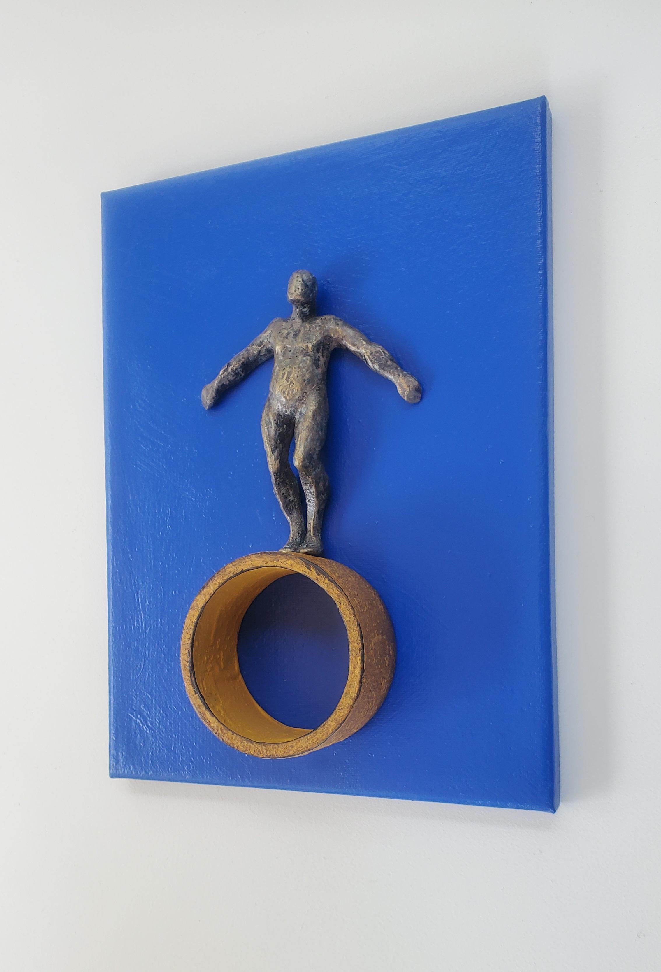 Balance on Blue, Ochre., Original Painting - Contemporary Mixed Media Art by Yelitza Diaz