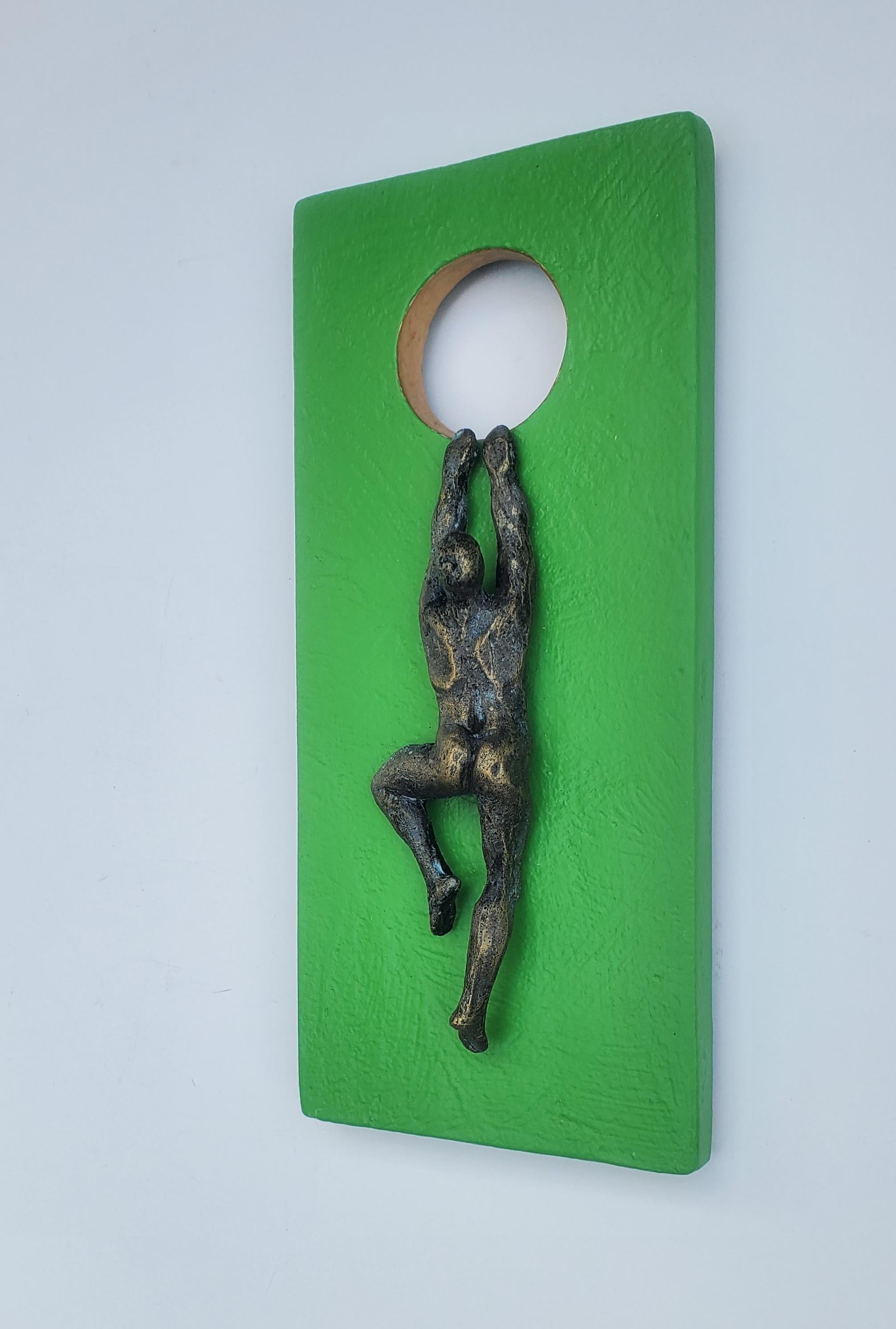 Climber on Green Hanging on the Moon., Original Painting - Contemporary Mixed Media Art by Yelitza Diaz