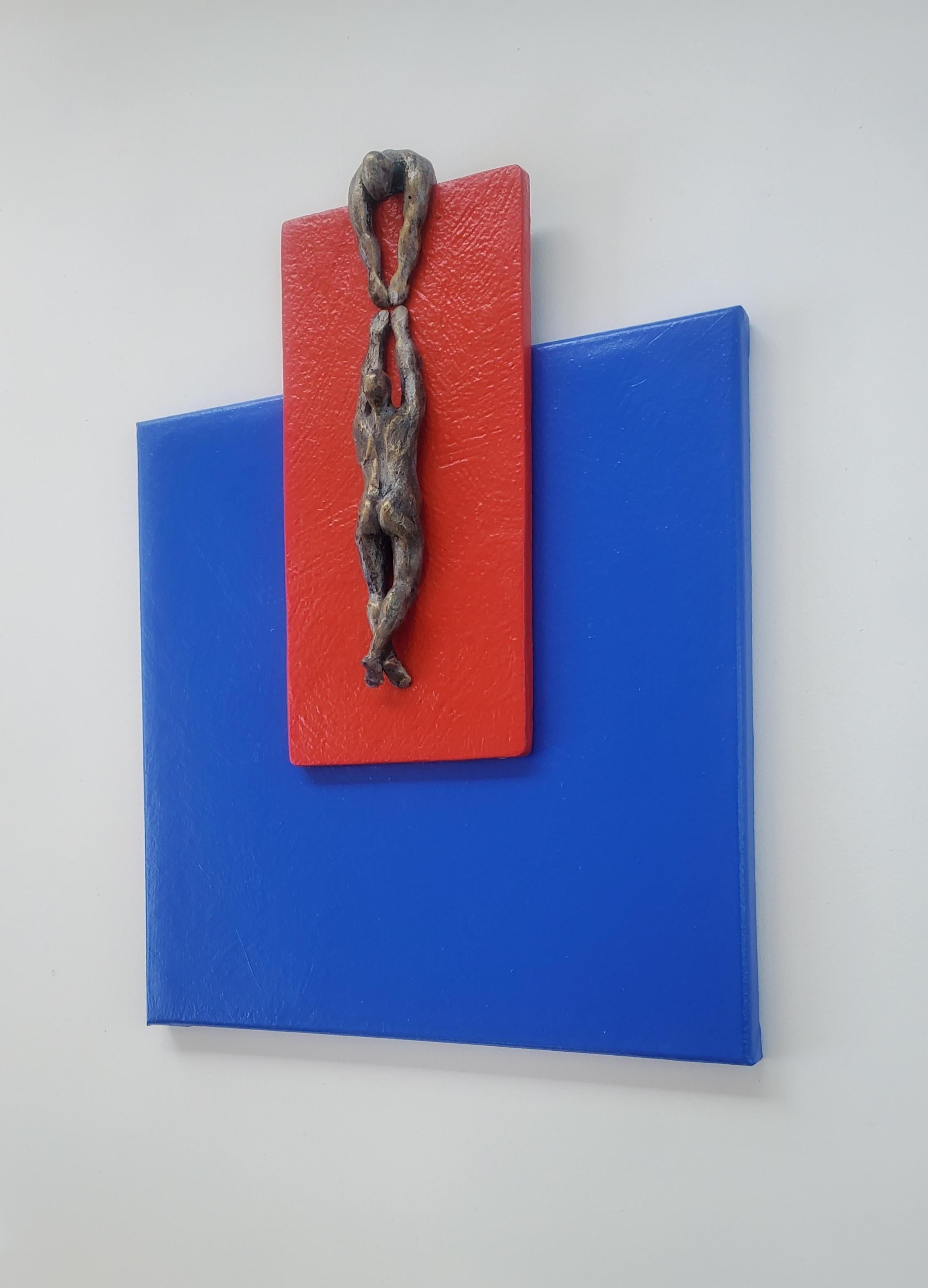 Climber on Red N Blue Square, peinture d'origine - Contemporain Mixed Media Art par Yelitza Diaz