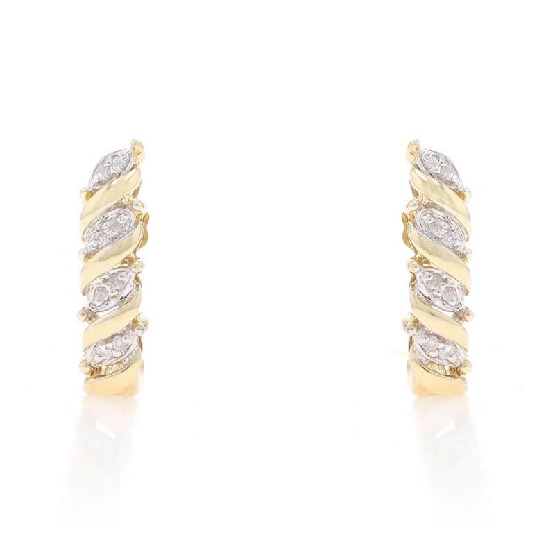 Metal Content: 10k Yellow Gold & 10k White Gold

Stone Information

Natural Diamonds
Carat(s): .16ctw
Cut: Single
Color: H - I
Clarity: SI2 - I1

Total Carats: .16ctw

Style: J-Hook
Fastening Type: Butterfly Closures
Theme: Ribbon