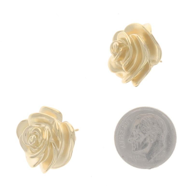 Women's Yelllow Gold Rose Large Stud Earrings - 14k Flower Blossoms Matte Pierced
