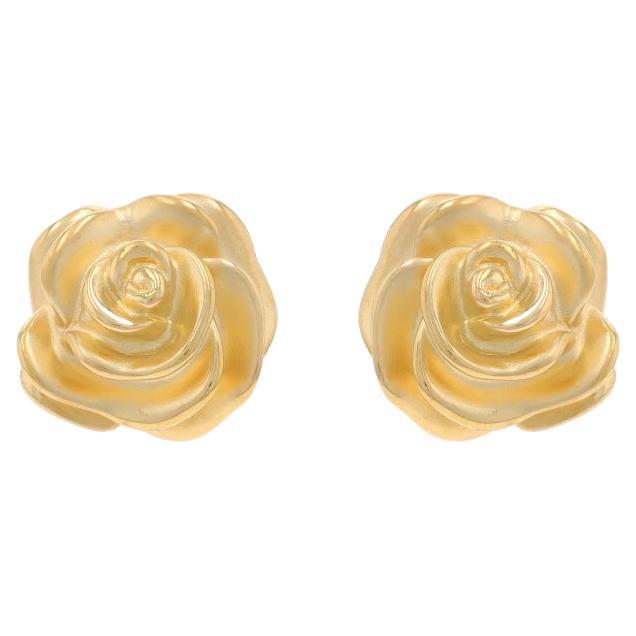 Yelllow Gold Rose Large Stud Earrings - 14k Flower Blossoms Matte Pierced