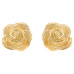 Yelllow Gold Rose Large Stud Earrings - 14k Flower Blossoms Matte Pierced