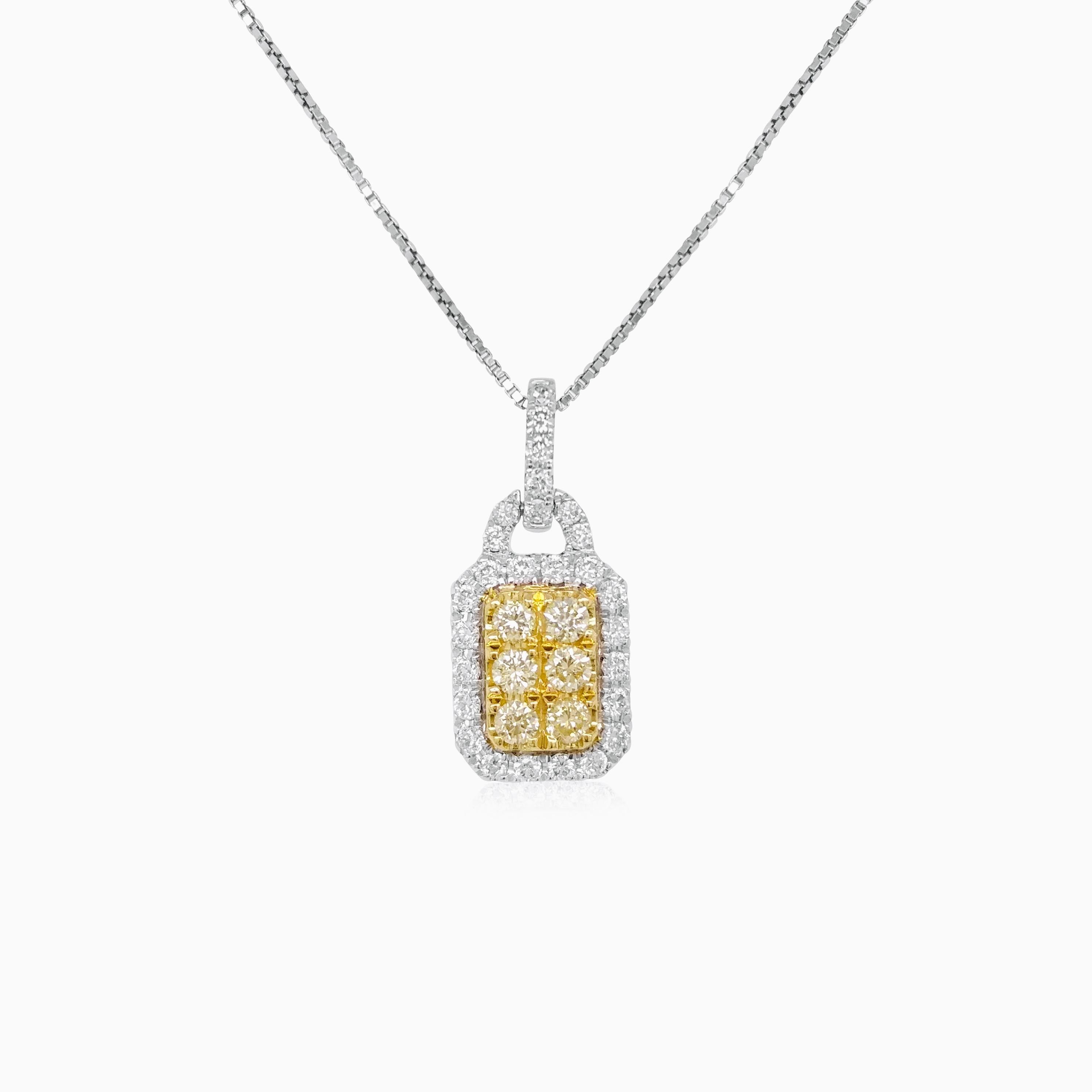 Anhänger-Halskette mit gelben Naturdiamanten und weißen Diamanten, gefasst in Gold. Ein klassisches Stück mit Charme.

Gelbe Diamanten - 0,14 Karat
Weiße Diamanten - 0,17 Karat


HYT Jewelry ist ein Unternehmen in Privatbesitz mit Hauptsitz in